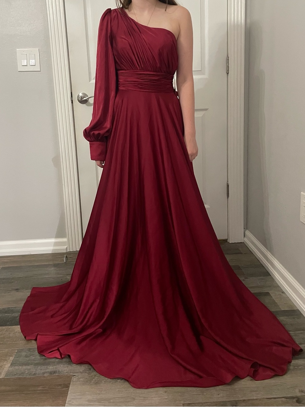 Mac Duggal One-Shoulder Burgundy Satin Evening Gown